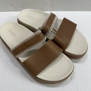 OluKai Pae Leather Sandals Womens Size 8 39 Brown Slide Platform Slip On Comfort